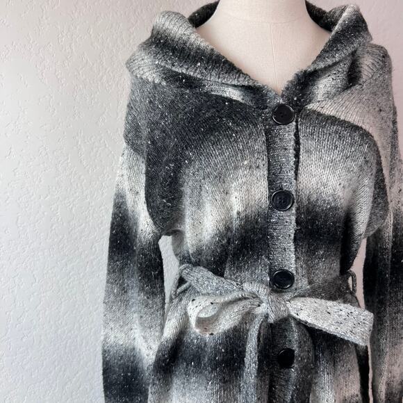 Vintage Y2K Wool Blend Button Up Cardigan Sweater Belted Black White Medium - Picture 13 of 15